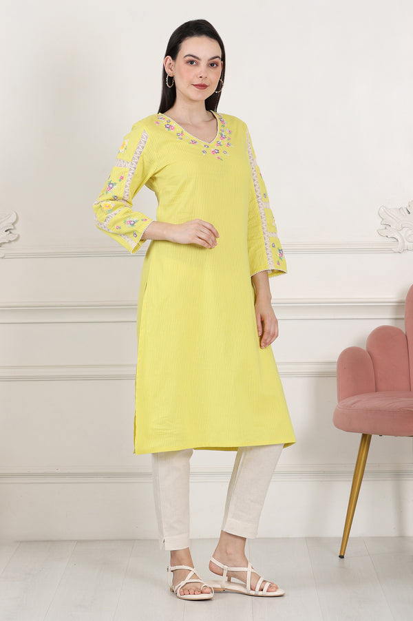 Lemon Yellow Floral Thread Embroidered Pure Cotton Straight Kurta