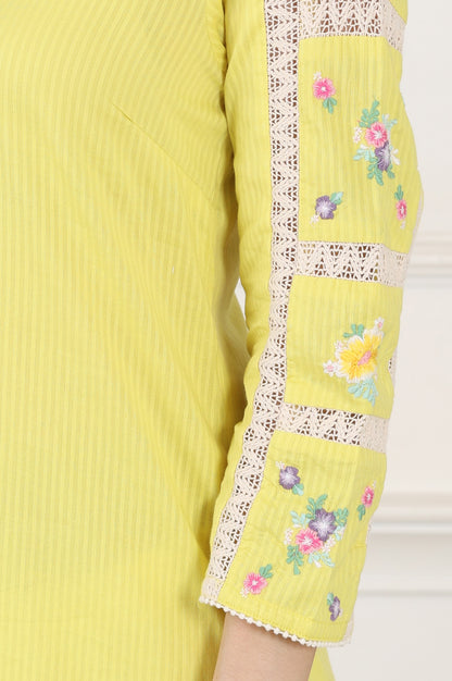 Lemon Yellow Floral Thread Embroidered Pure Cotton Straight Kurta - wforwoman