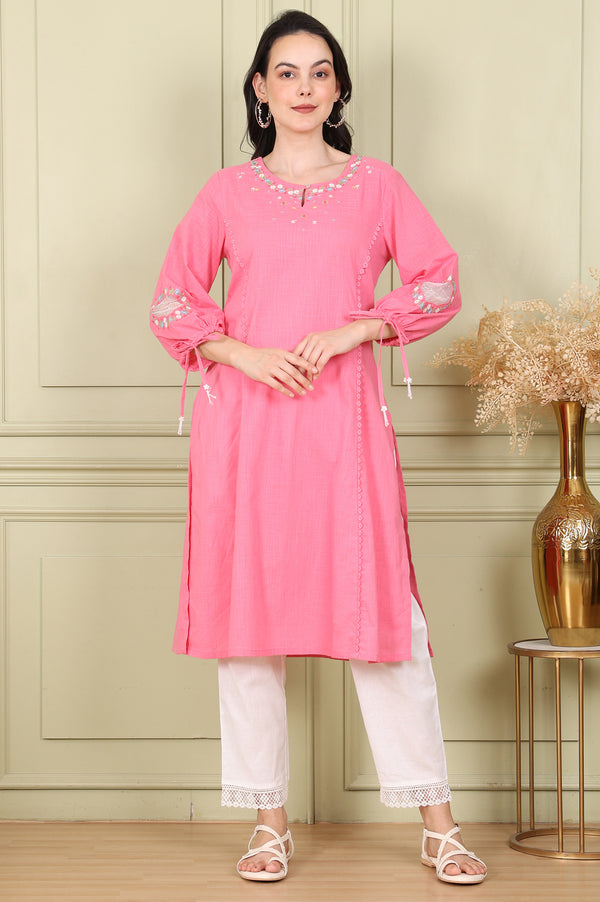 Light Pink Floral Embroidered Pure Cotton Textured Straight Kurta