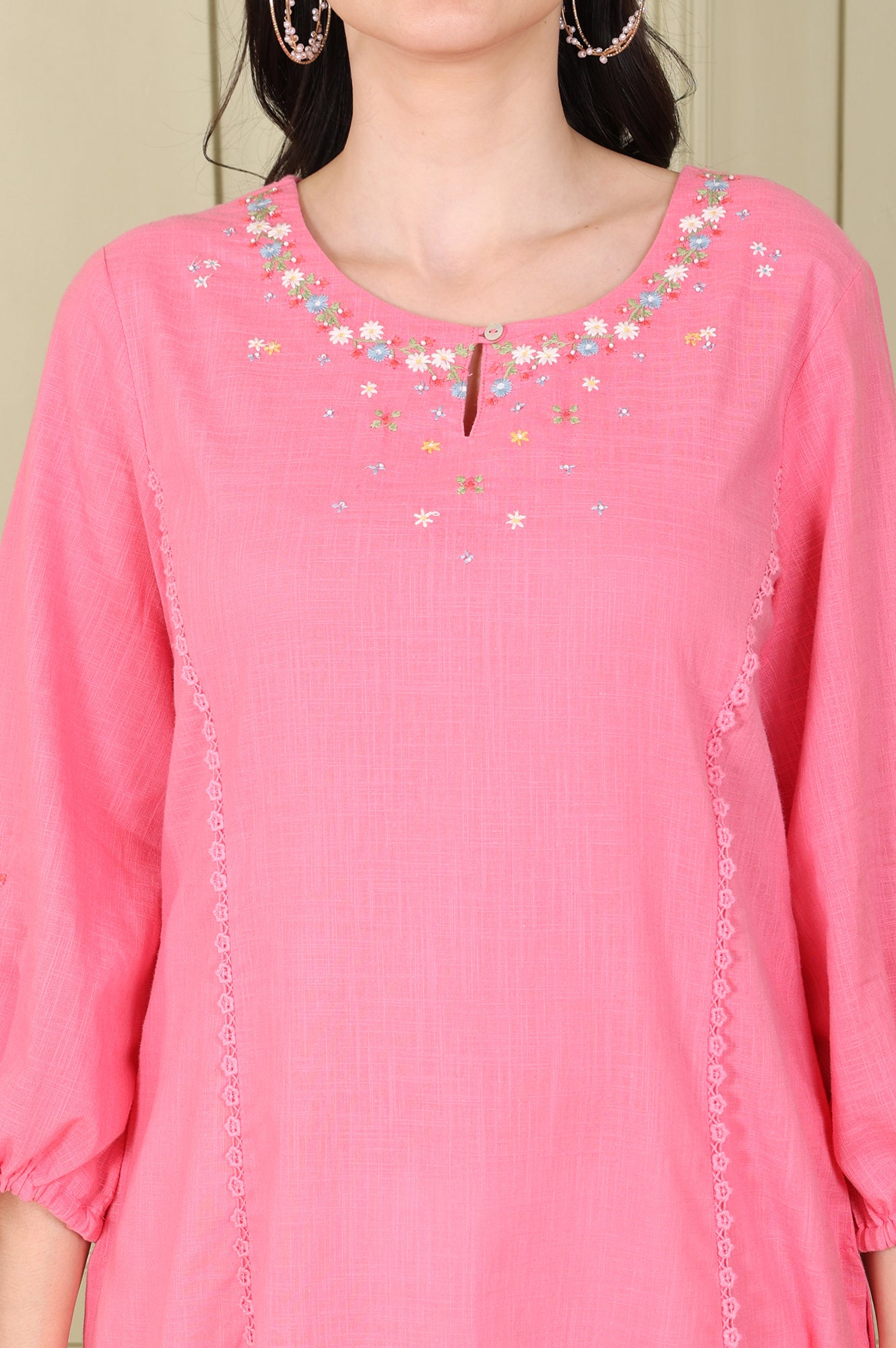 Light Pink Floral Embroidered Pure Cotton Textured Straight Kurta - wforwoman