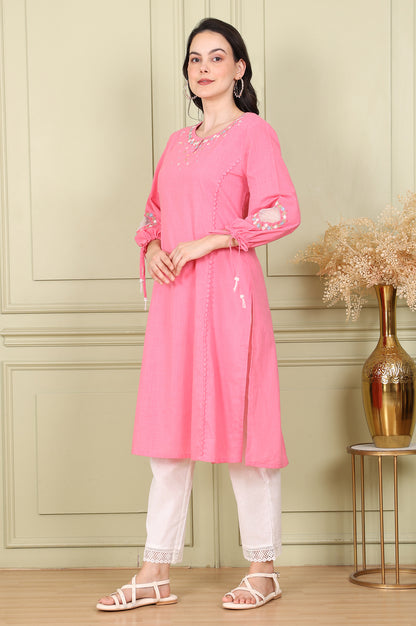 Light Pink Floral Embroidered Pure Cotton Textured Straight Kurta - wforwoman