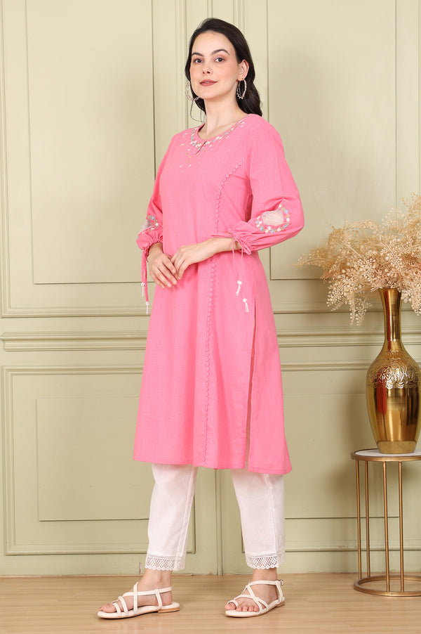 Light Pink Floral Embroidered Pure Cotton Textured Straight Kurta