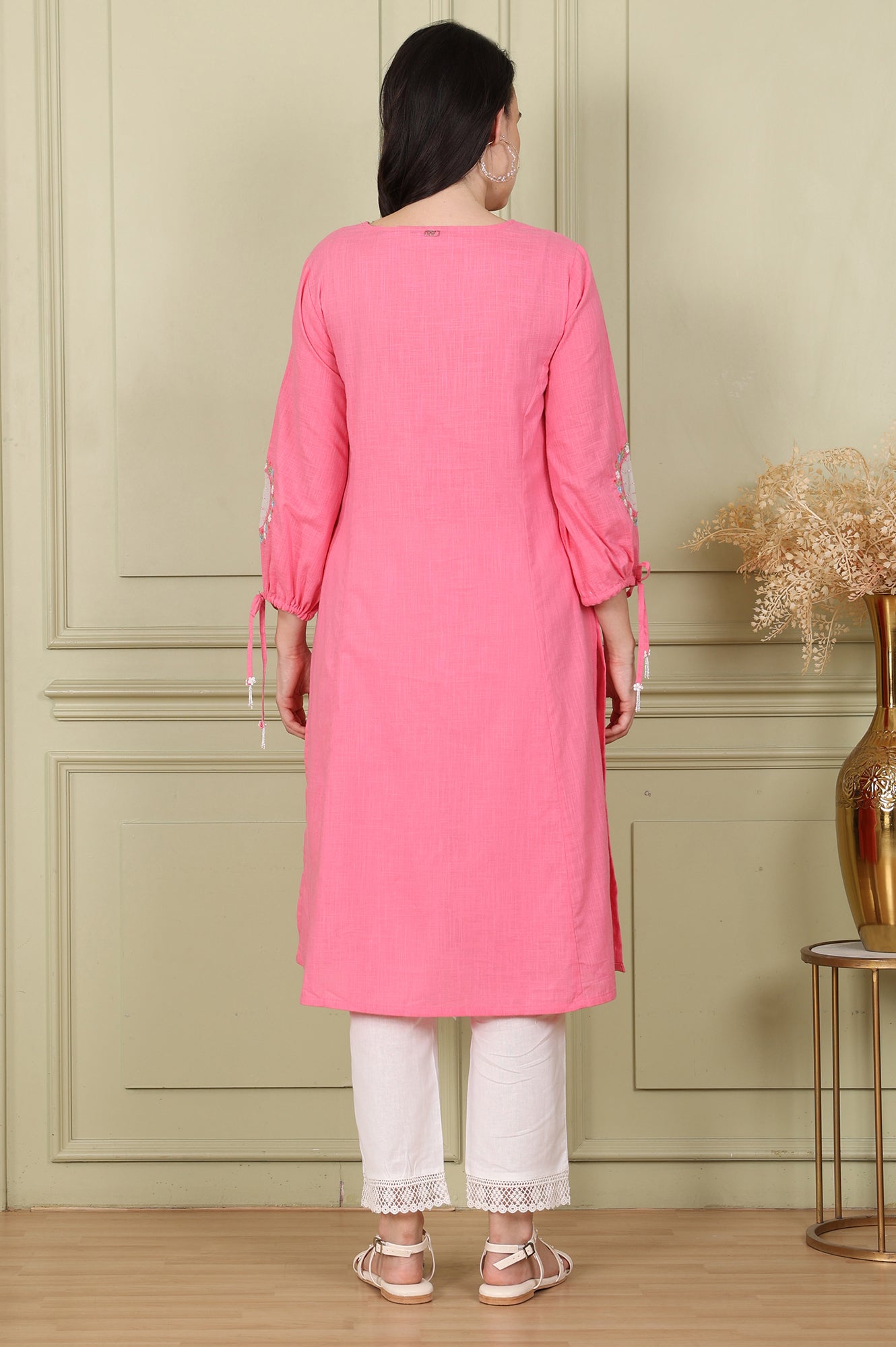 Light Pink Floral Embroidered Pure Cotton Textured Straight Kurta - wforwoman