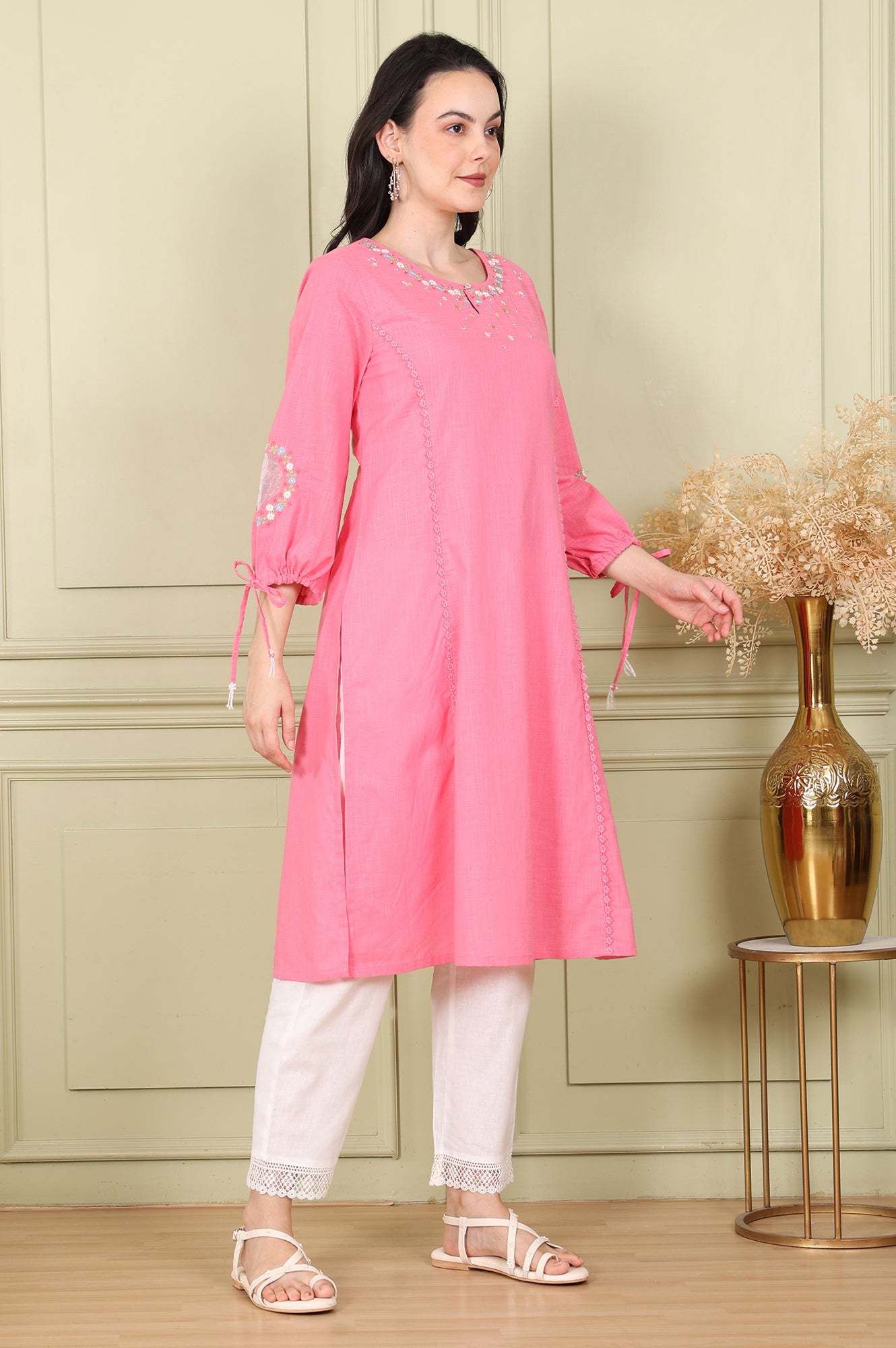 Light Pink Floral Embroidered Pure Cotton Textured Straight Kurta - wforwoman