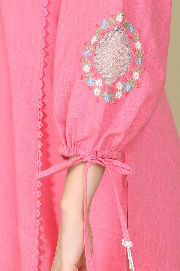 Light Pink Floral Embroidered Pure Cotton Textured Straight Kurta