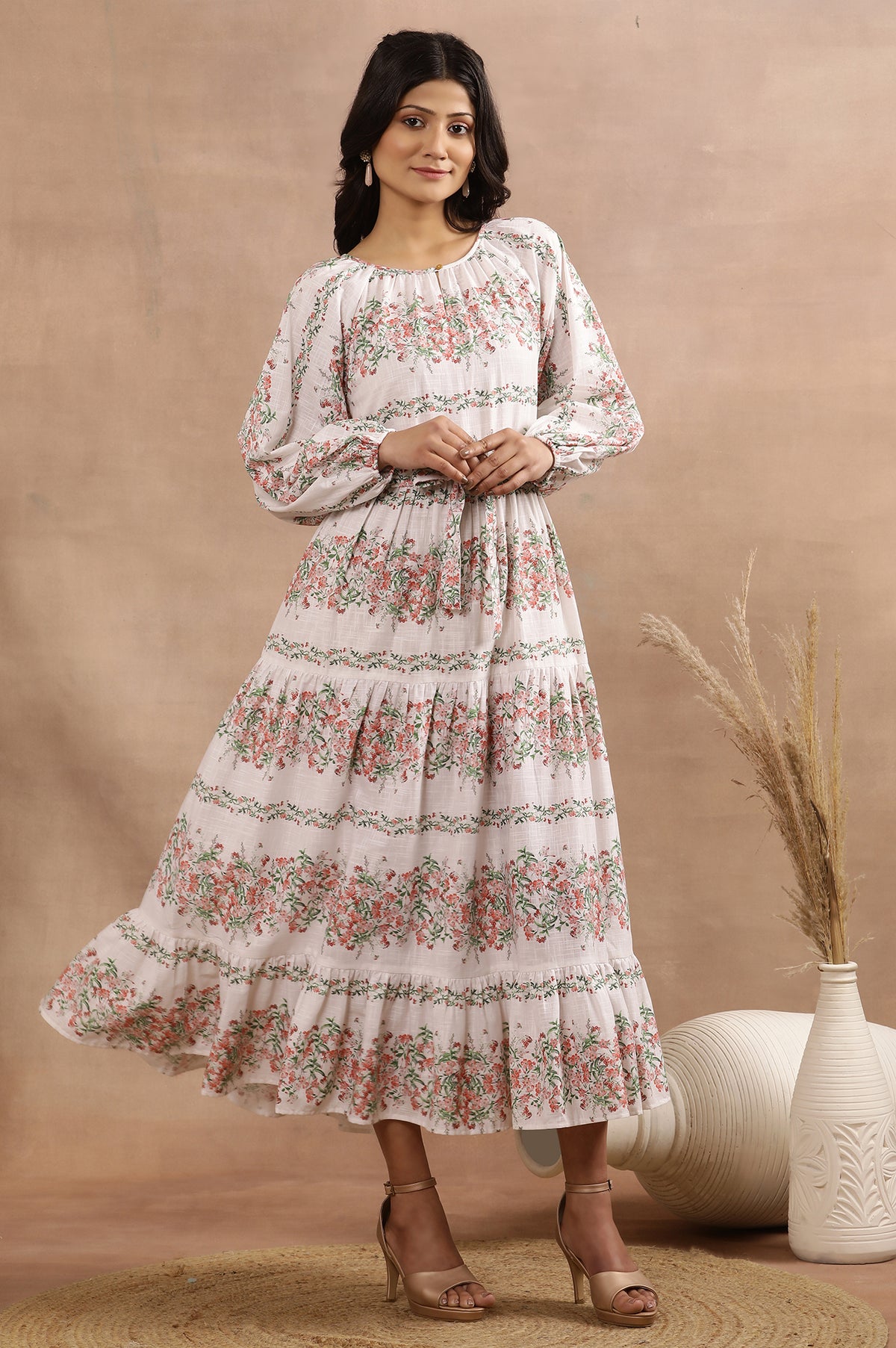 White Floral Printed Long Tiered Dress - XS