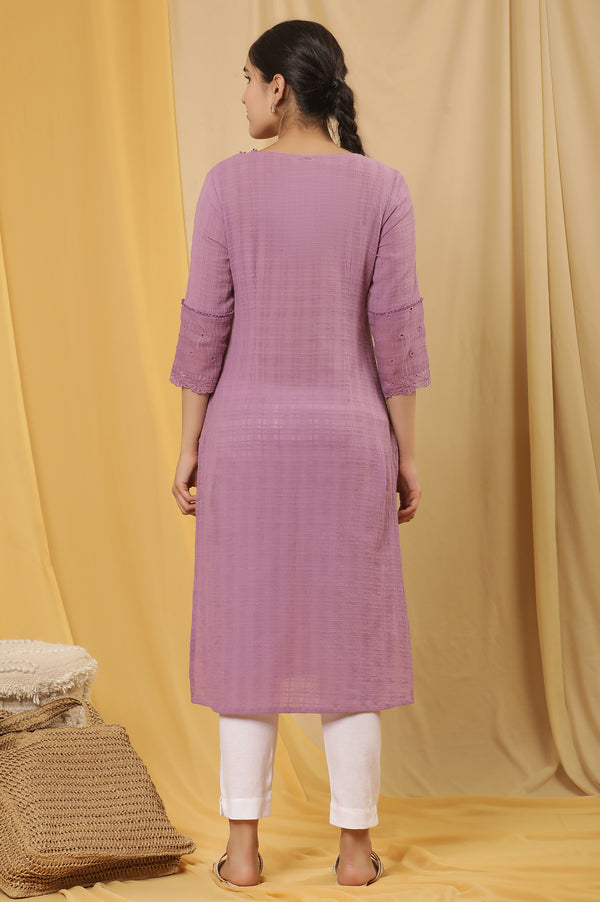Purple Cotton Textured Embroidered Kurta