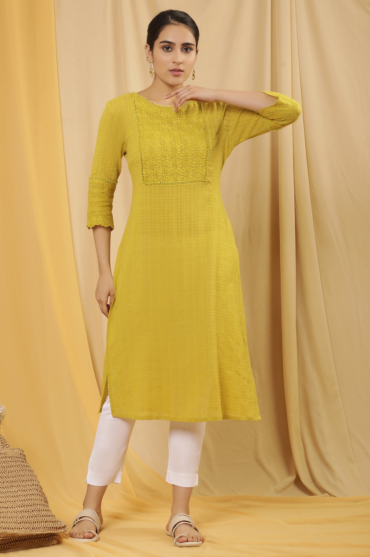 Celery Yellow Cotton Textured Embroidered Kurta - XS