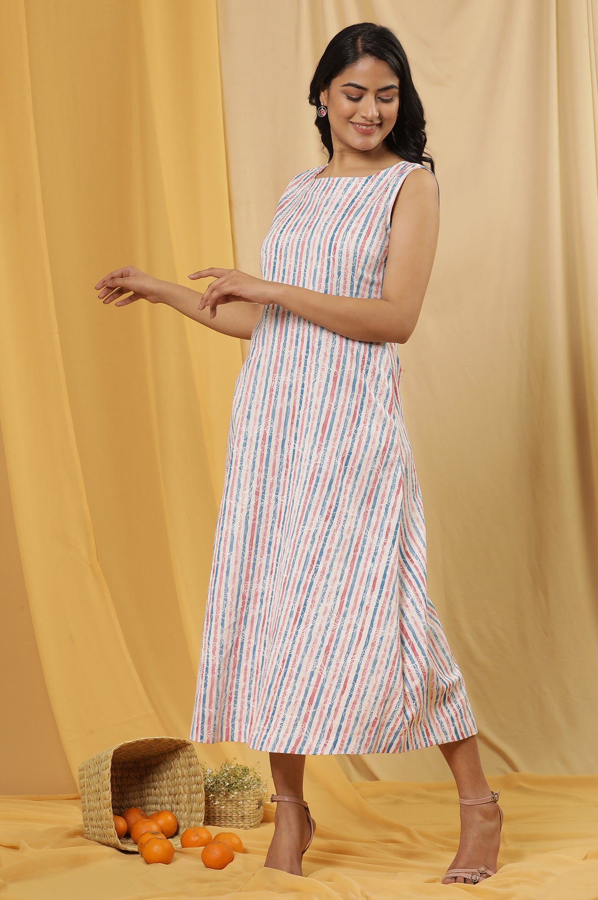 White Sleeveless Western Dress With Multi-Coloured Stripes - XS