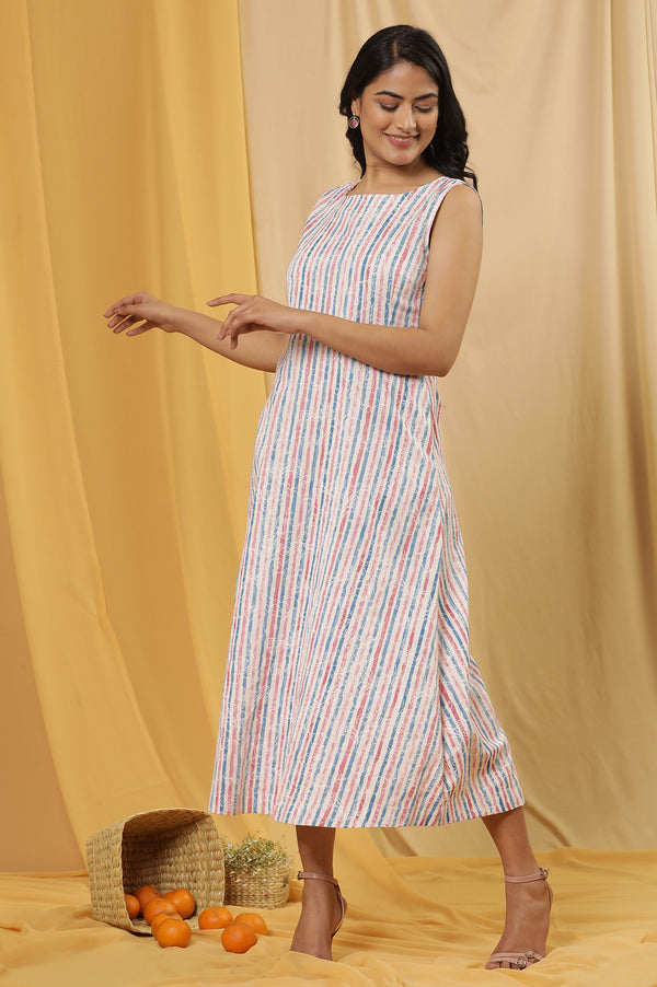 White Sleeveless Western Dress With Multi-Coloured Stripes