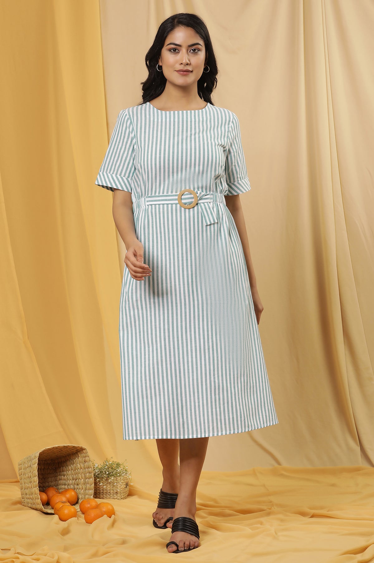 Green And White Yarn Dyed Stripe Dress - XS