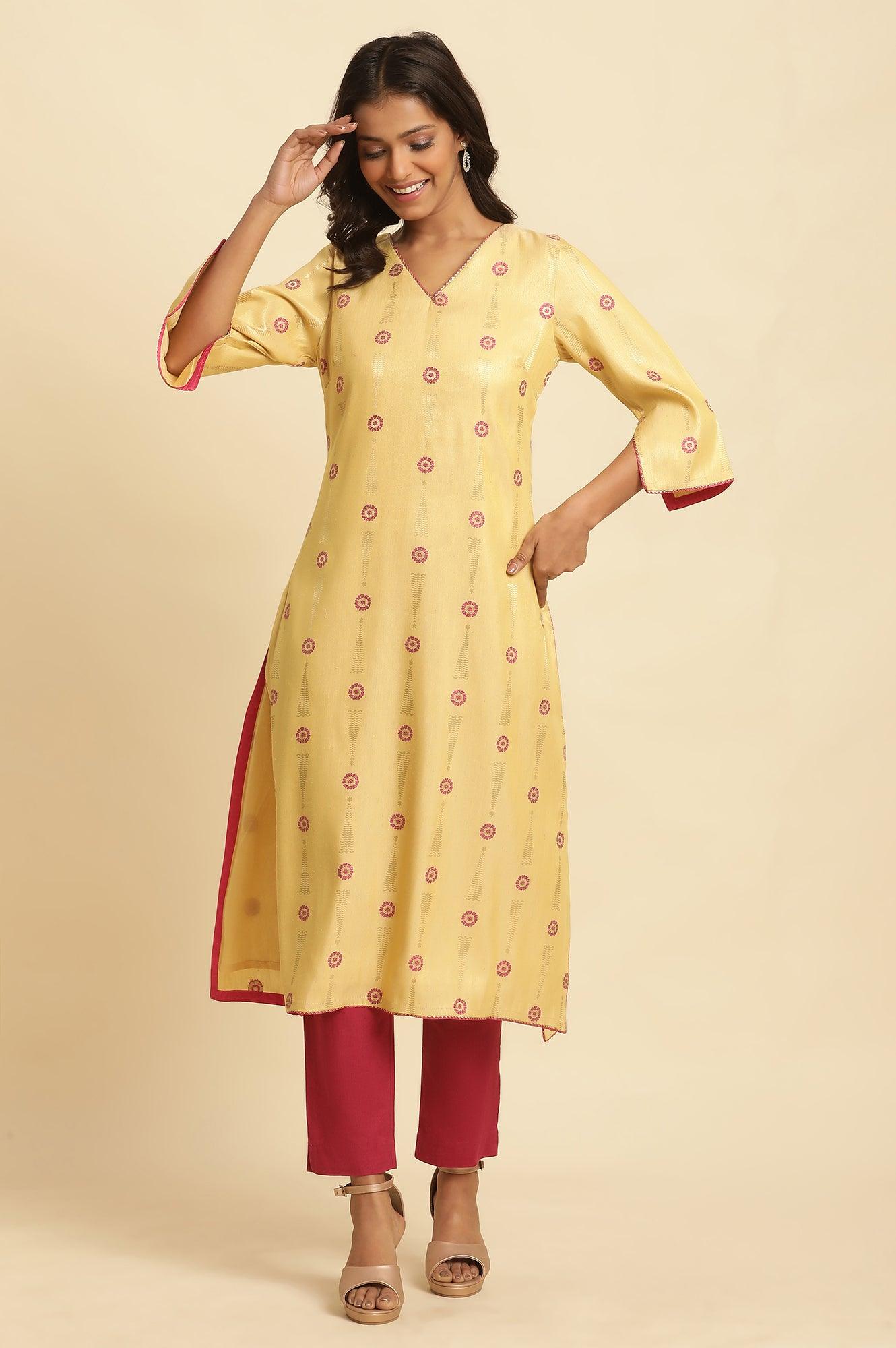 Yellow Printed Jacquard Kurta - wforwoman