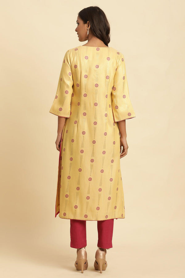 Yellow Printed Jacquard Kurta