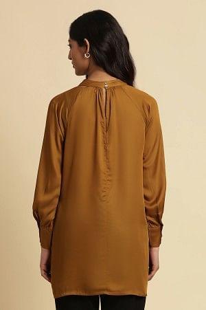 Brown Gathered High Neck Top - wforwoman