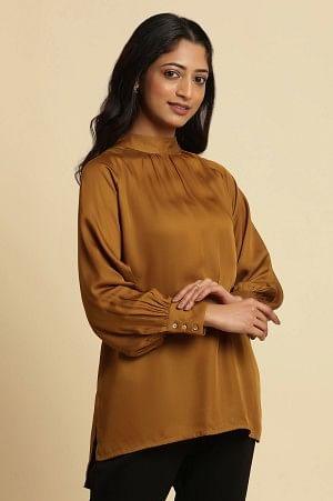 Brown Gathered High Neck Top - wforwoman