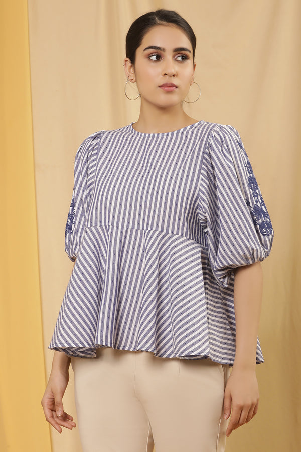 White And Blue Yarn Dyed Peplum Top