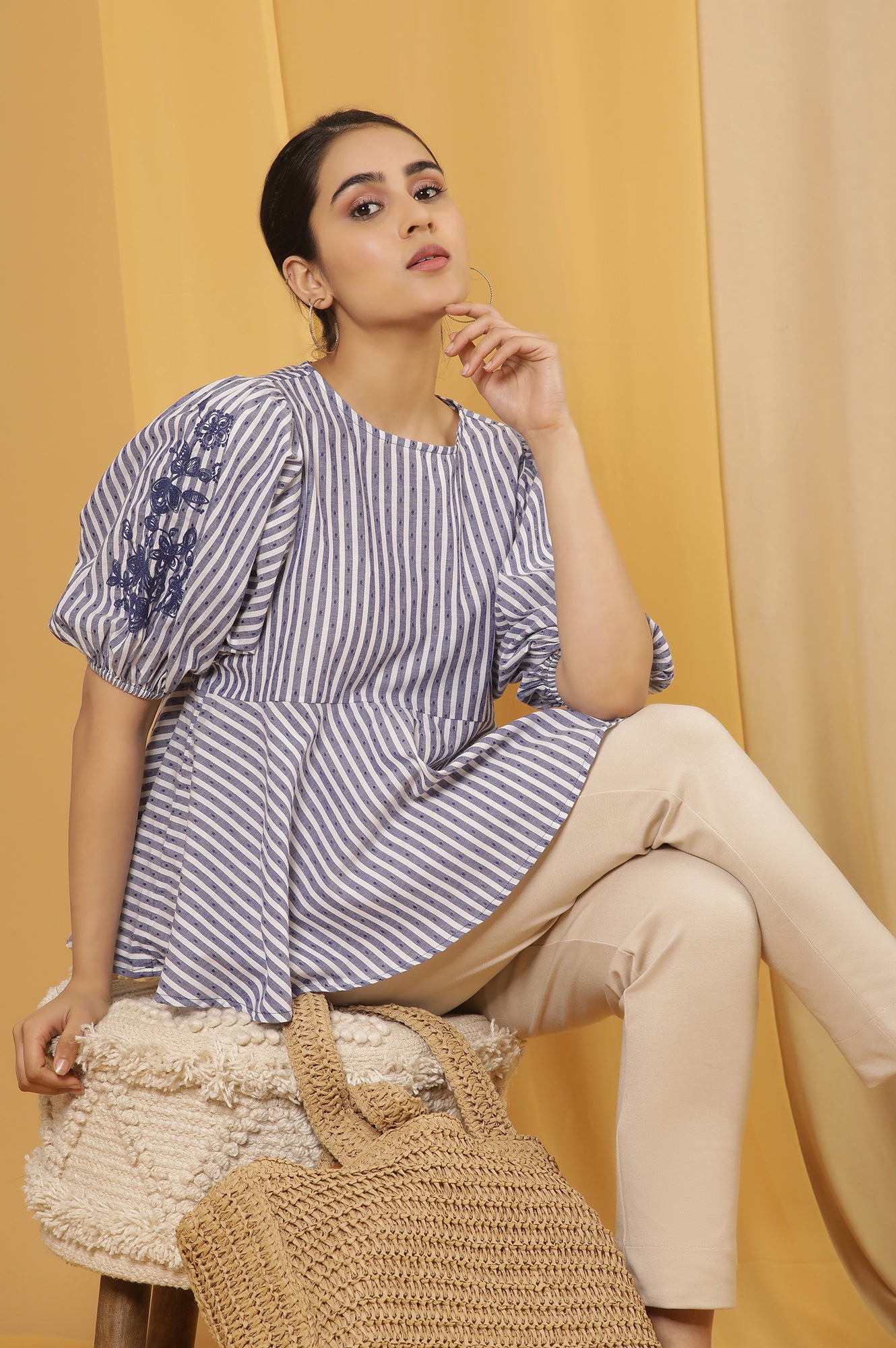 Buy White And Blue Yarn Dyed Peplum Top Online for Woman | WforWoman