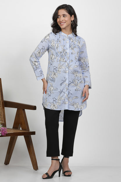 Blue And White Stripe Shirt With Floral Print