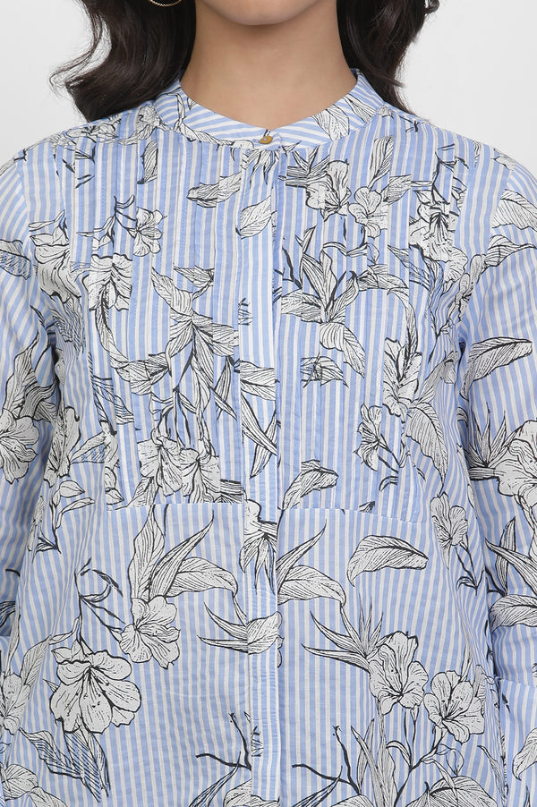 Blue And White Stripe Shirt With Floral Print