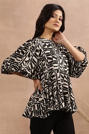 Black And White Geometric Printed Peplum Top
