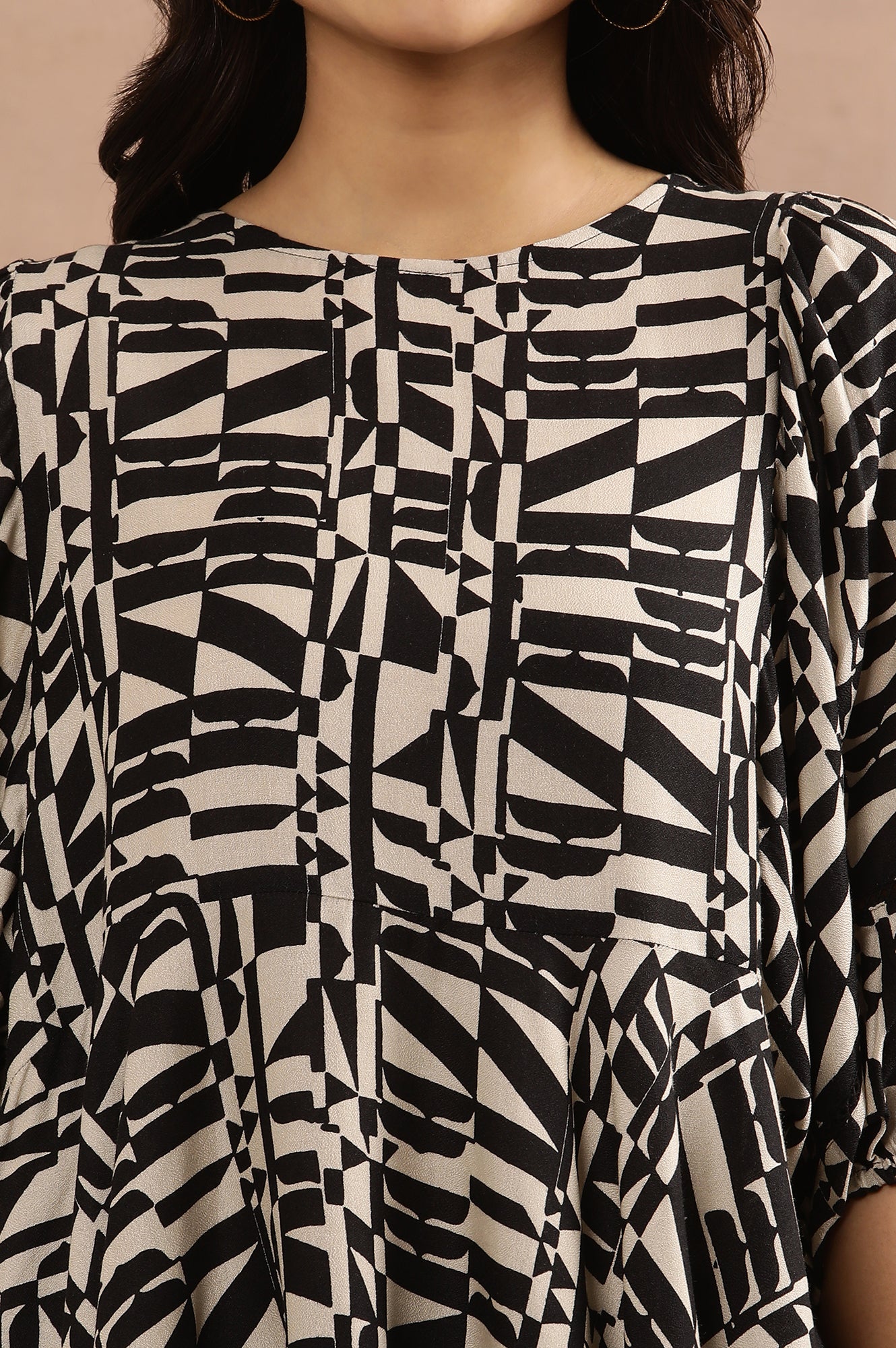 Black And White Geometric Printed Peplum Top