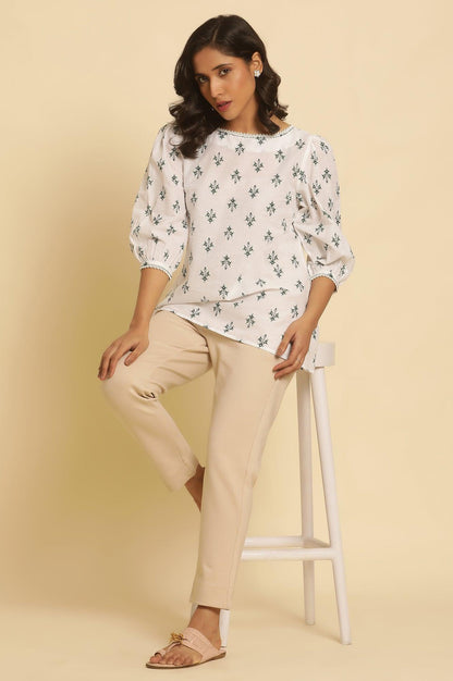 White Printed Top Wit Lace And Puffed Sleeves - wforwoman