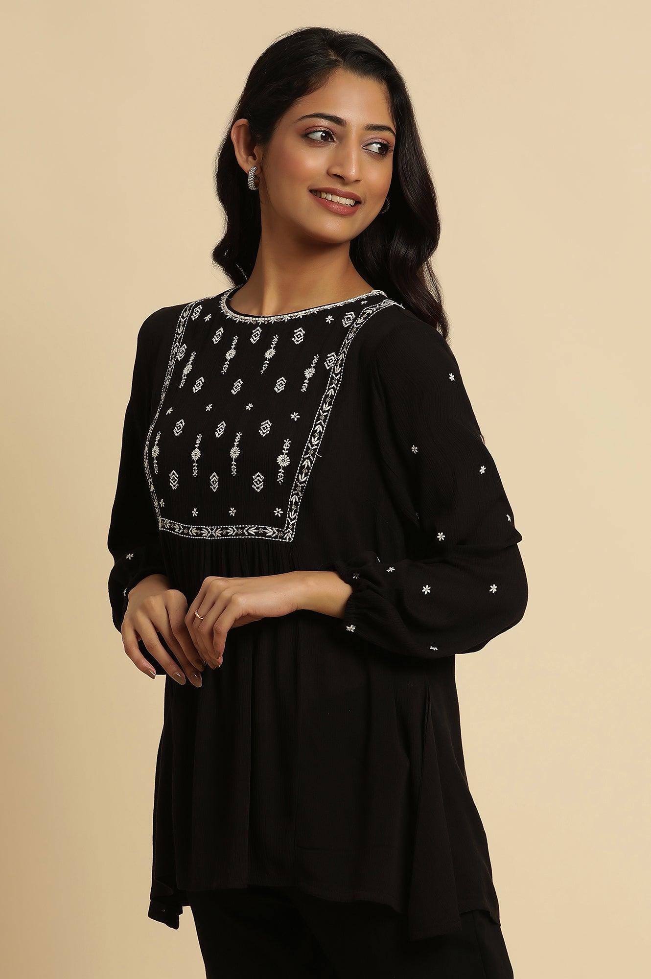 Black Top With Ivory Embroidered Yoke - wforwoman