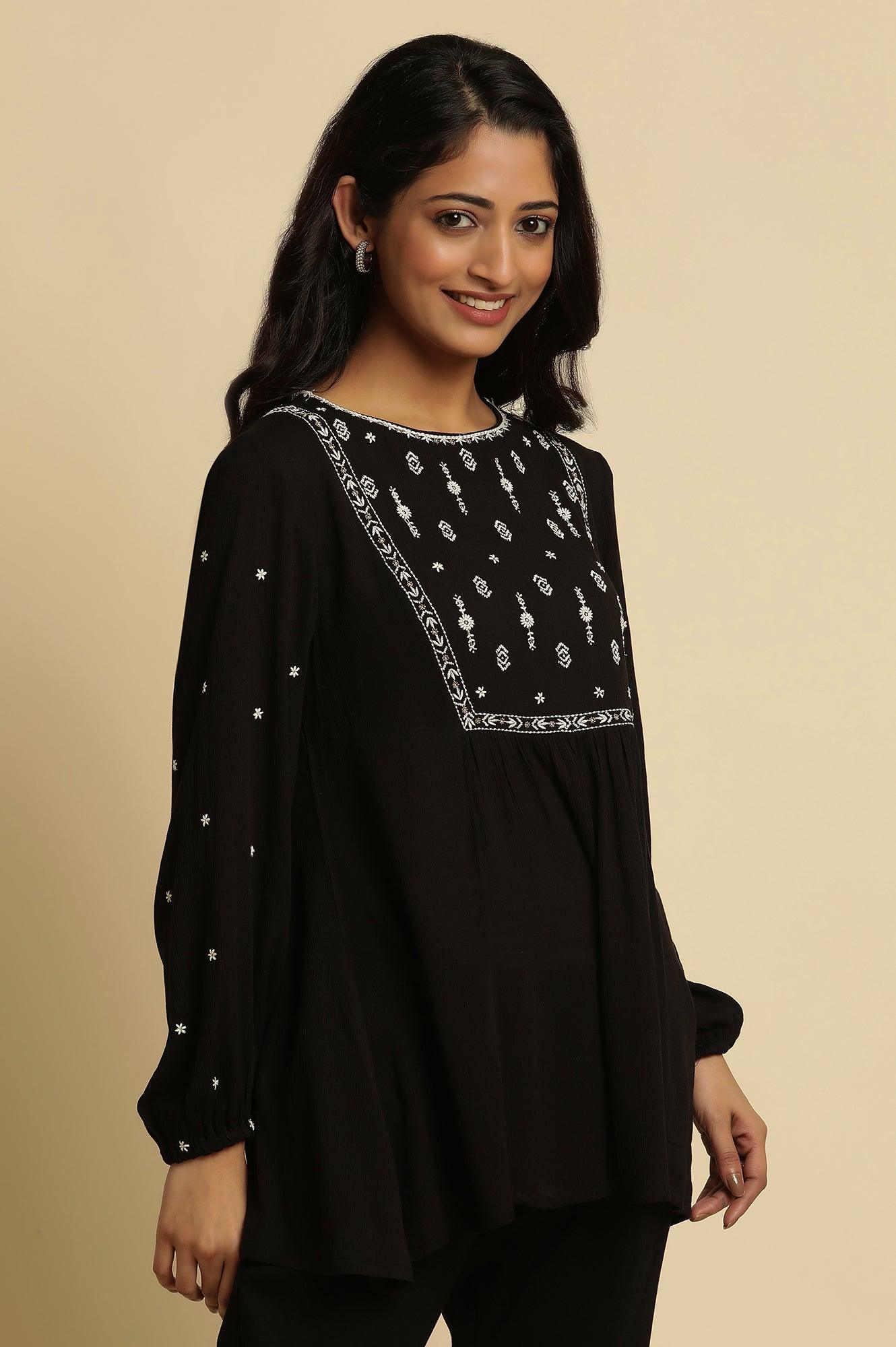 Black Top With Ivory Embroidered Yoke - wforwoman