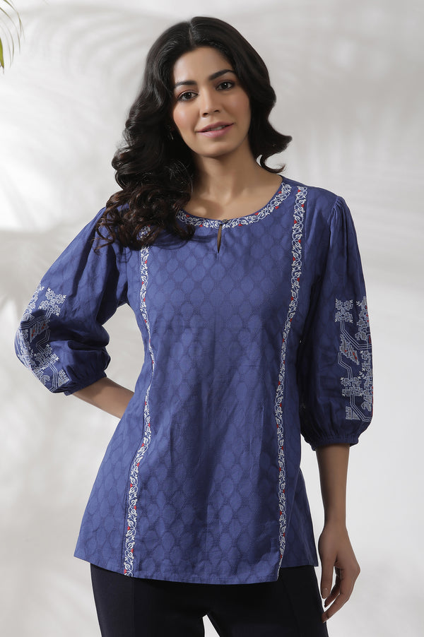 Navy Blue Cotton Western Top