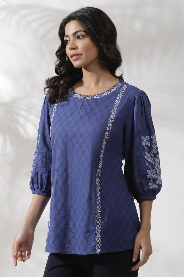 Navy Blue Cotton Western Top