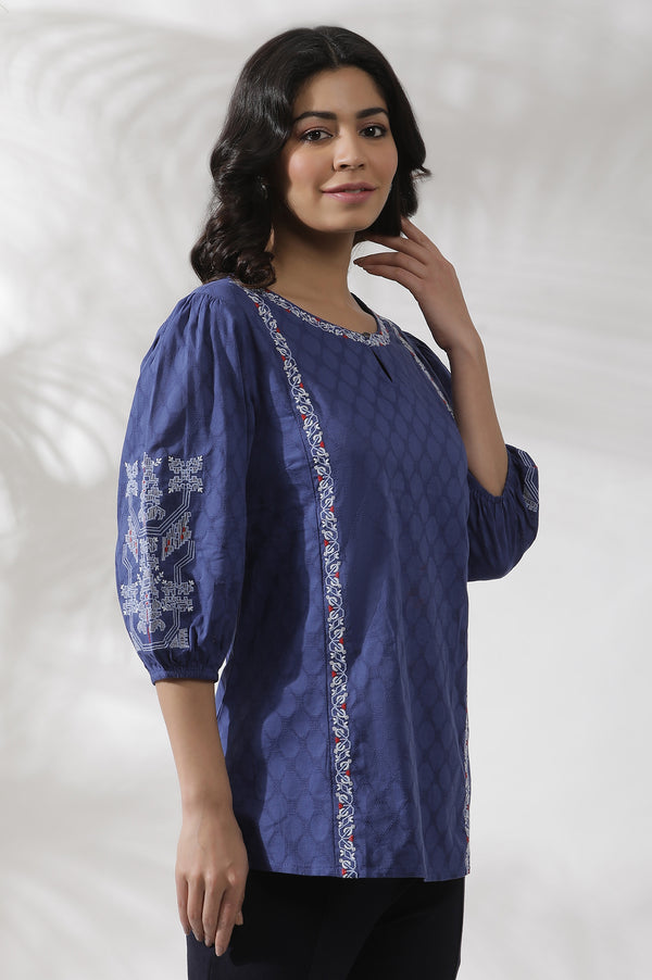 Navy Blue Cotton Western Top