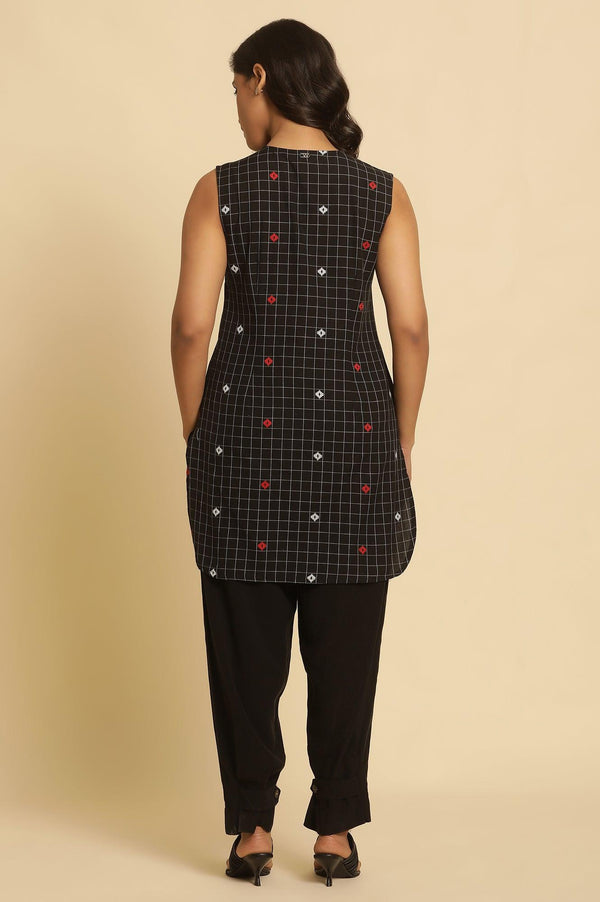 Black Checker Tunic With Curved Hemline