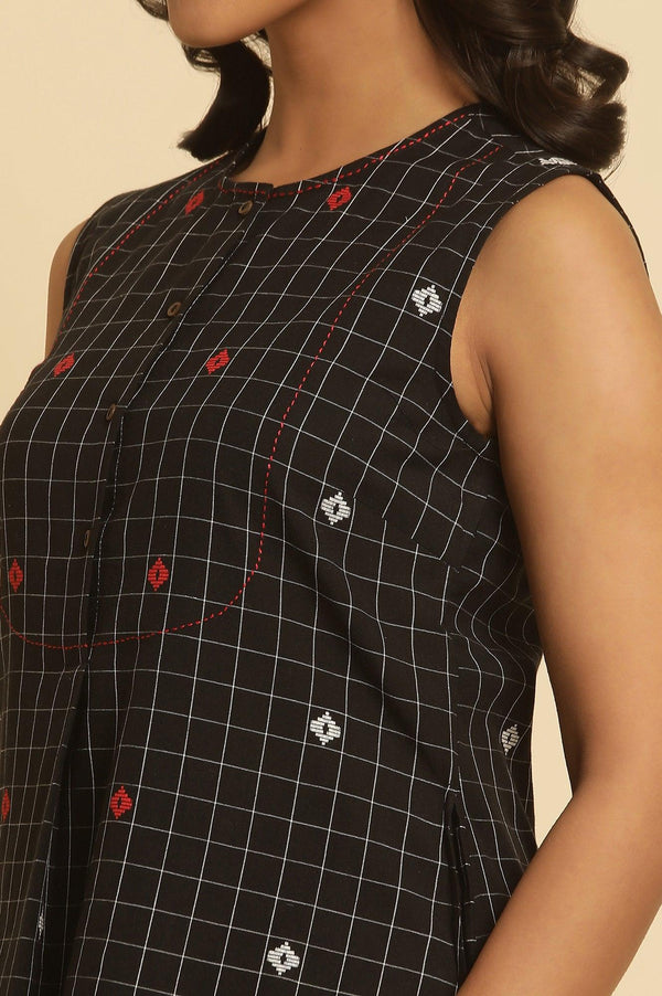Black Checker Tunic With Curved Hemline