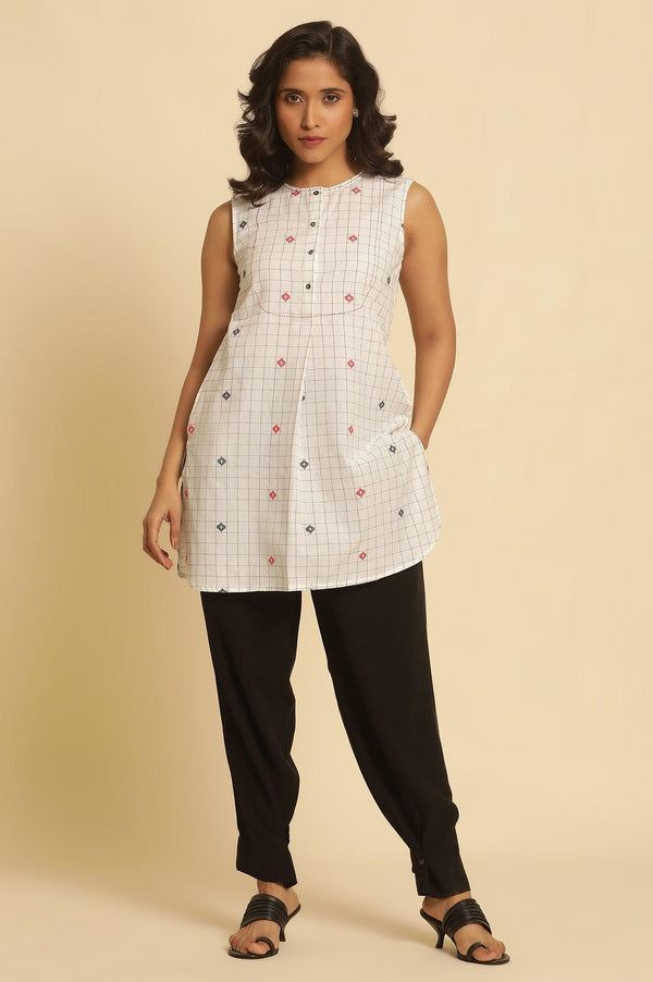 White Checker Tunic With Curved Hemline