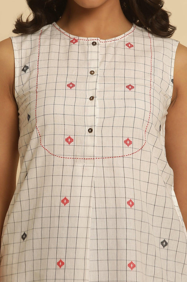 White Checker Tunic With Curved Hemline