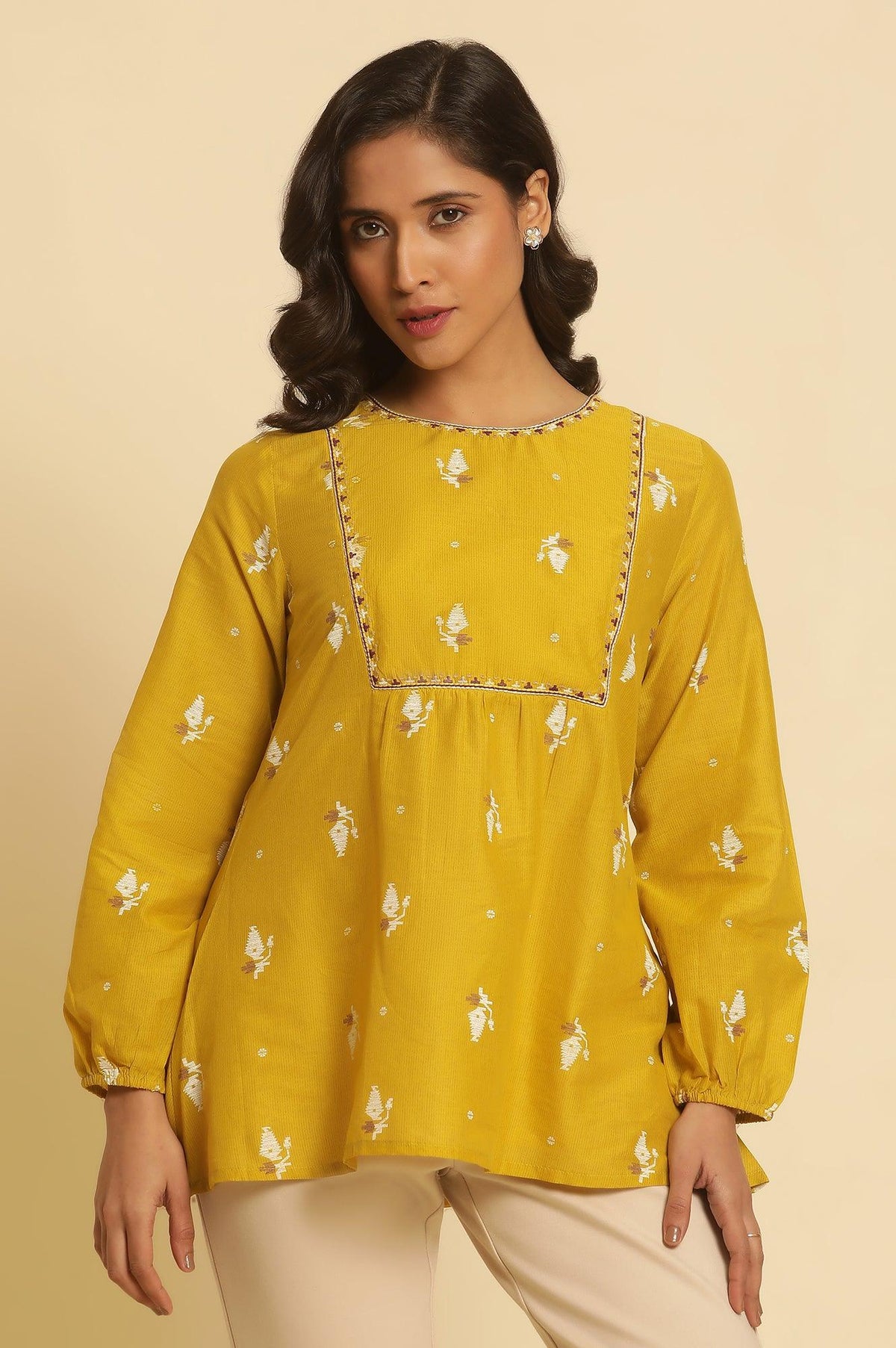 Yellow Geometric Printed And Embroidered Top