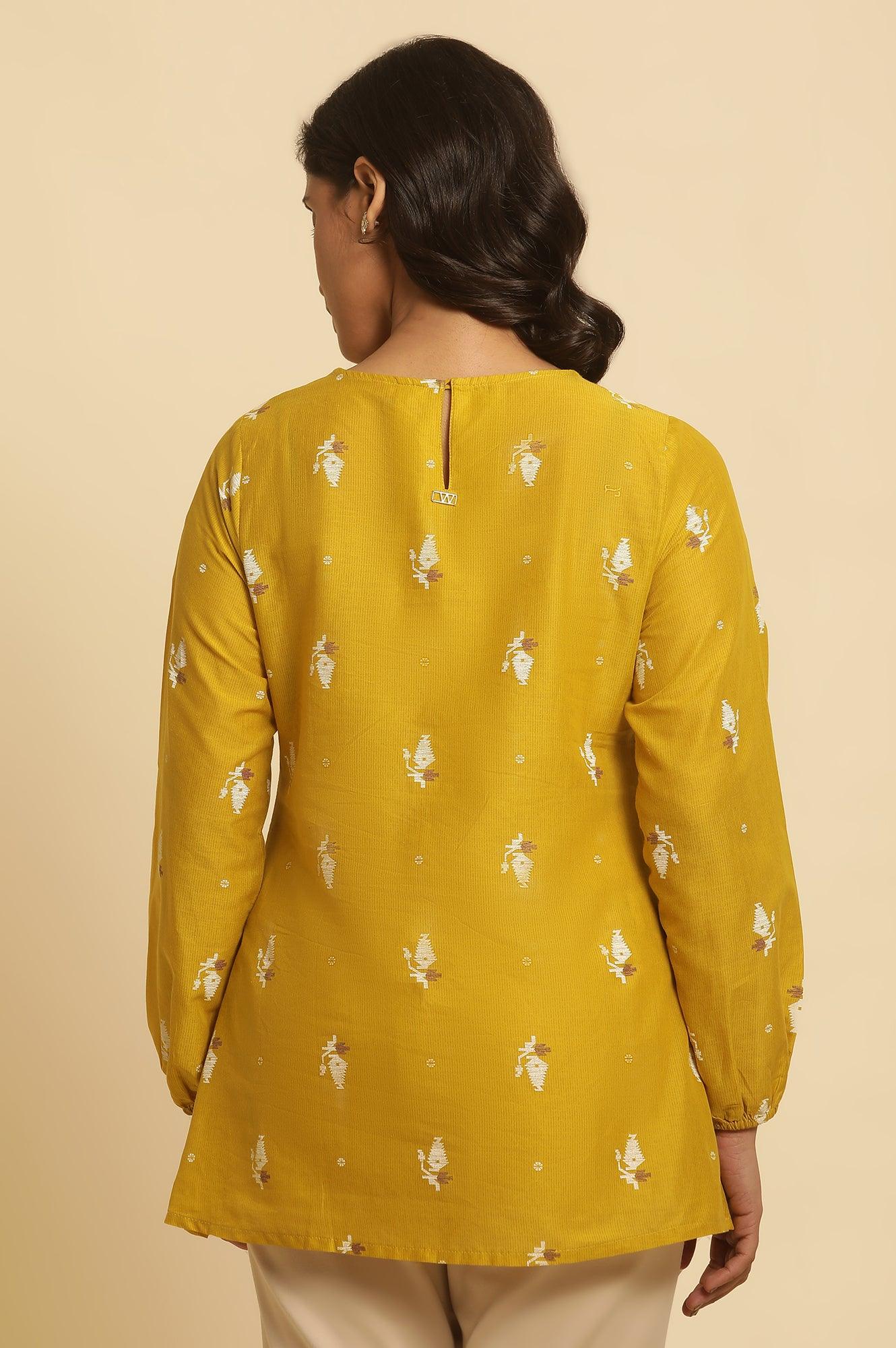 Yellow Geometric Printed And Embroidered Top - wforwoman