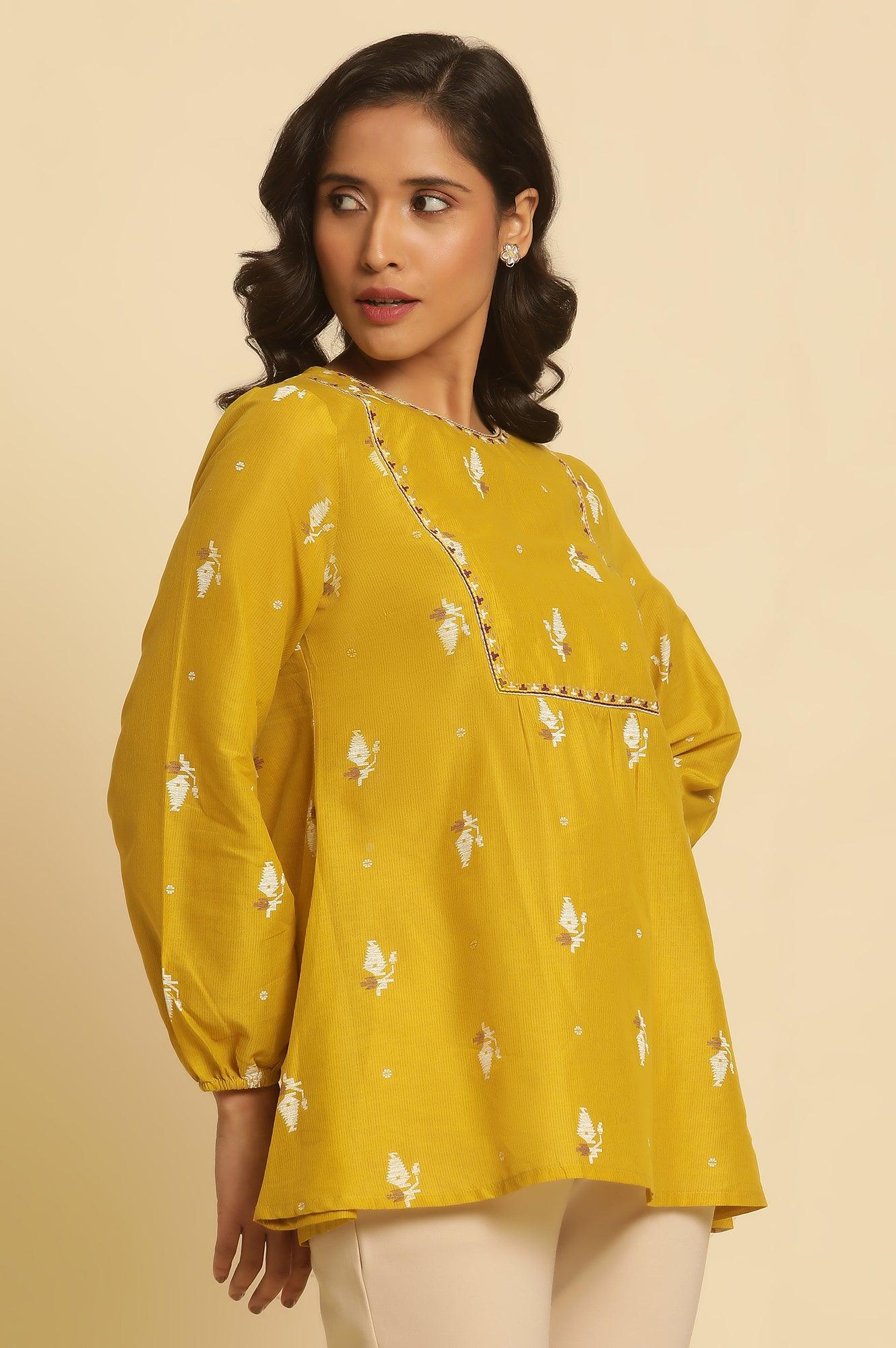 Yellow Geometric Printed And Embroidered Top - wforwoman