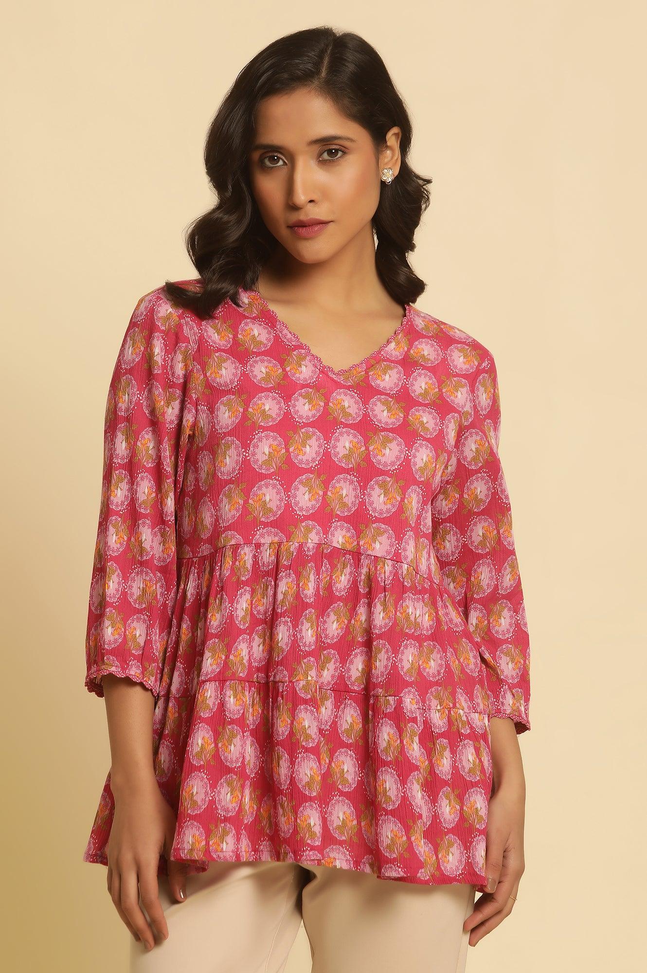 Pink Printed Tiered Top - wforwoman