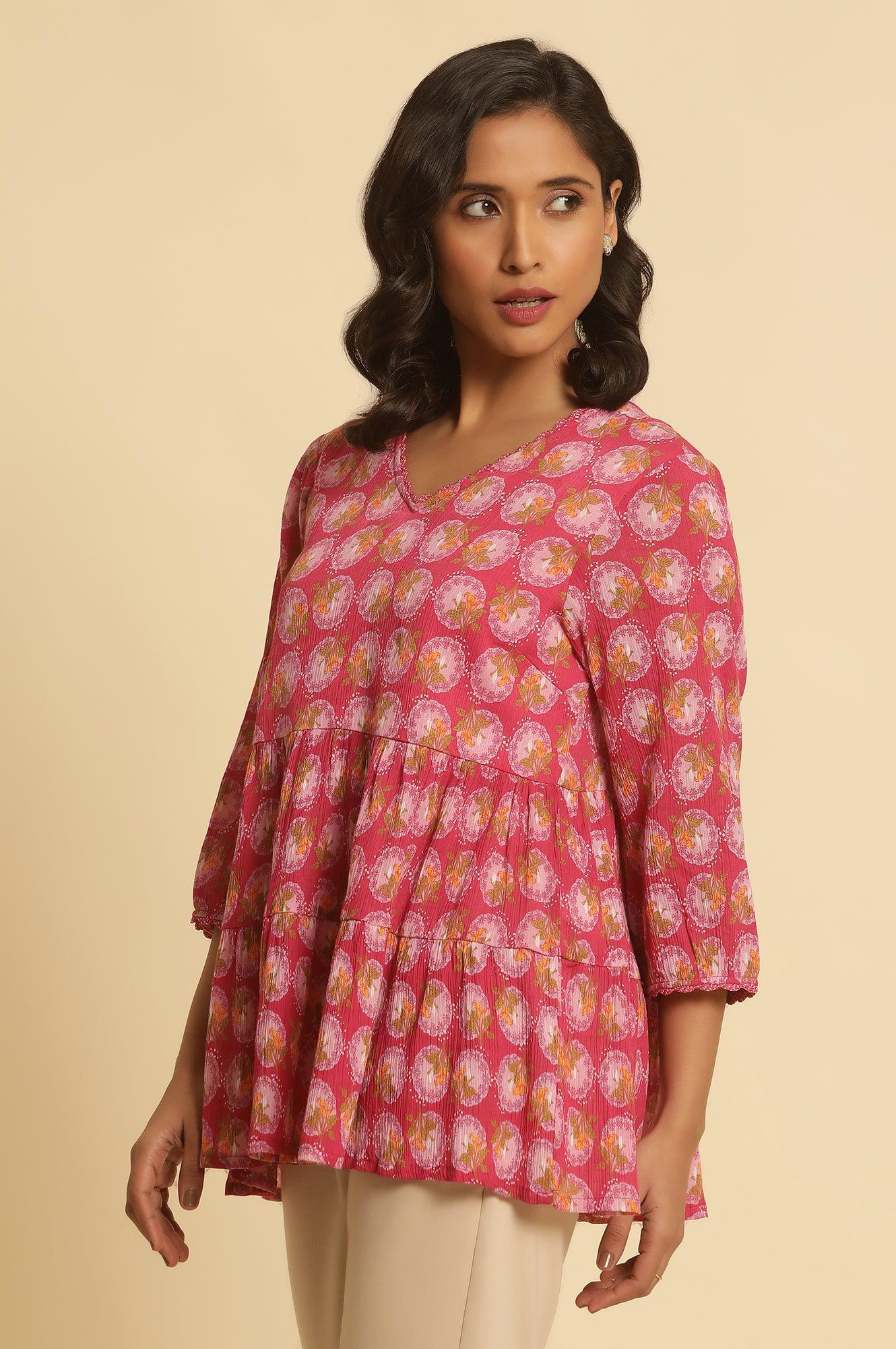 Pink Printed Tiered Top - wforwoman