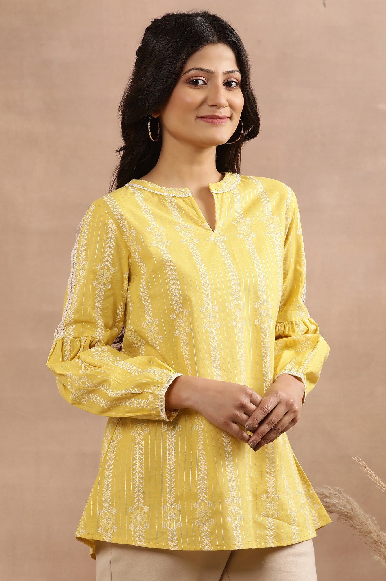 Yellow Printed Top With Tie-Up Detail