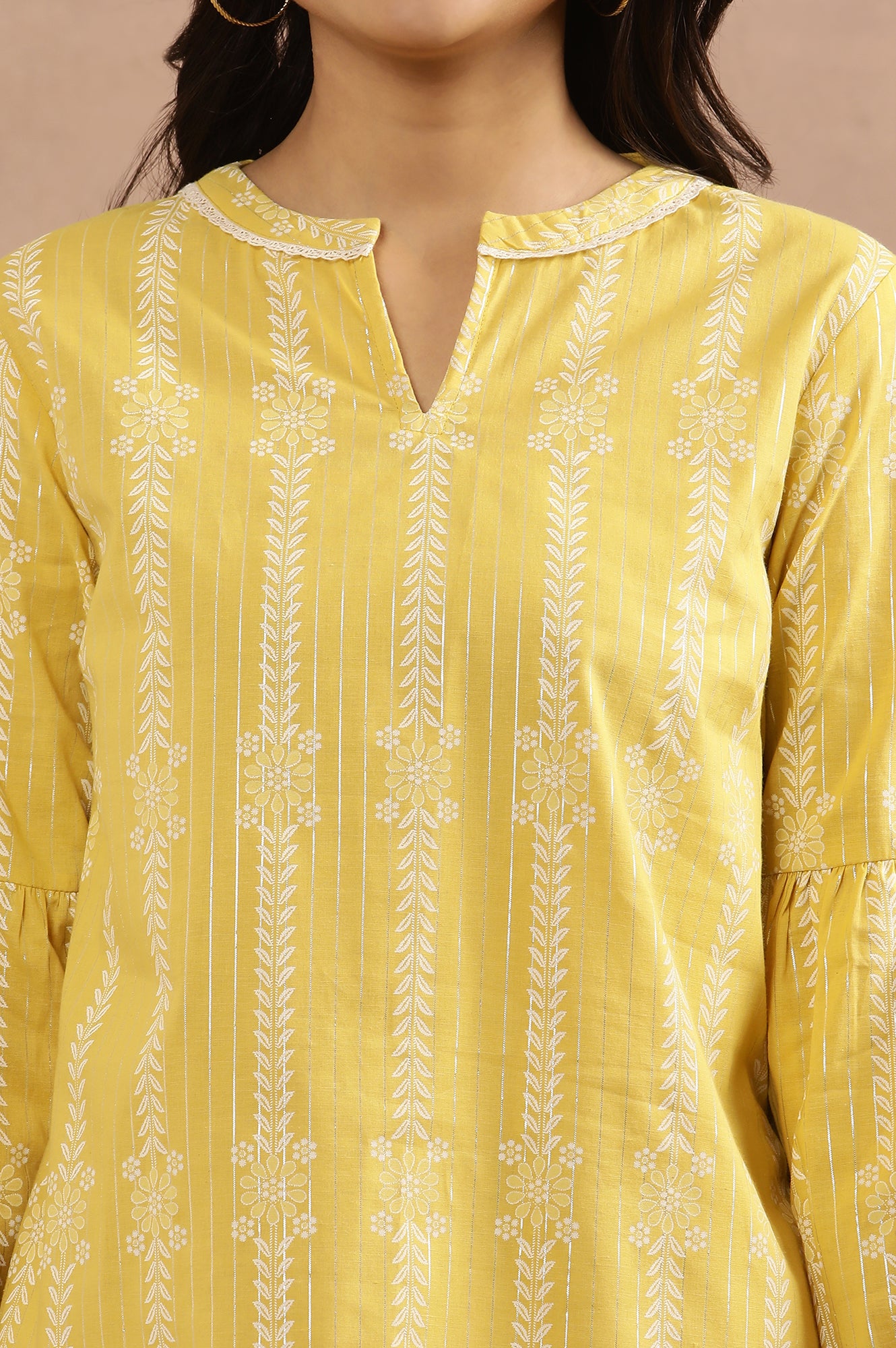 Yellow Printed Top With Tie-Up Detail