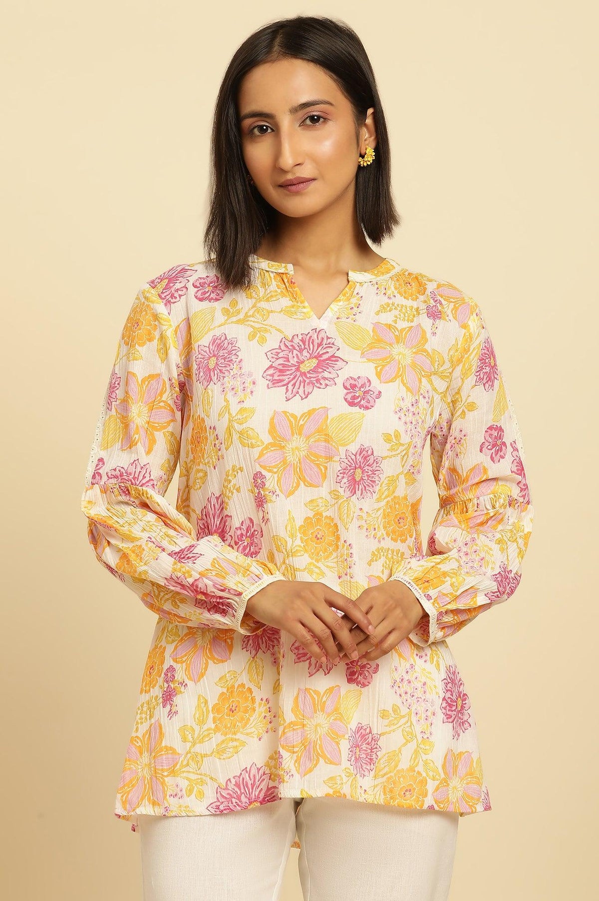 White Printed Top With Tie-Up Detail - XL