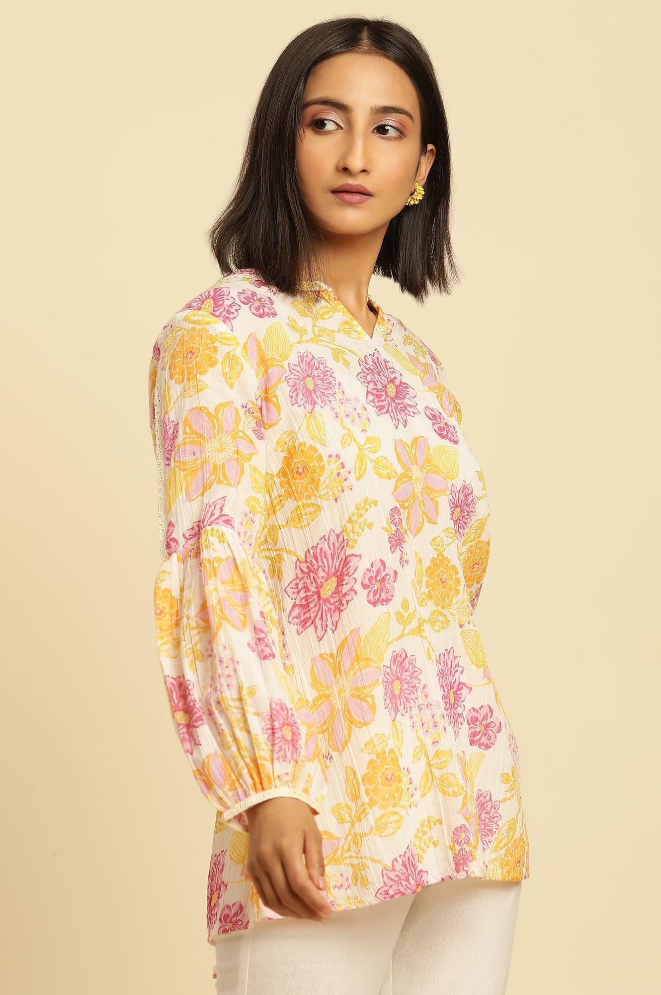 White Printed Top With Tie-Up Detail - wforwoman