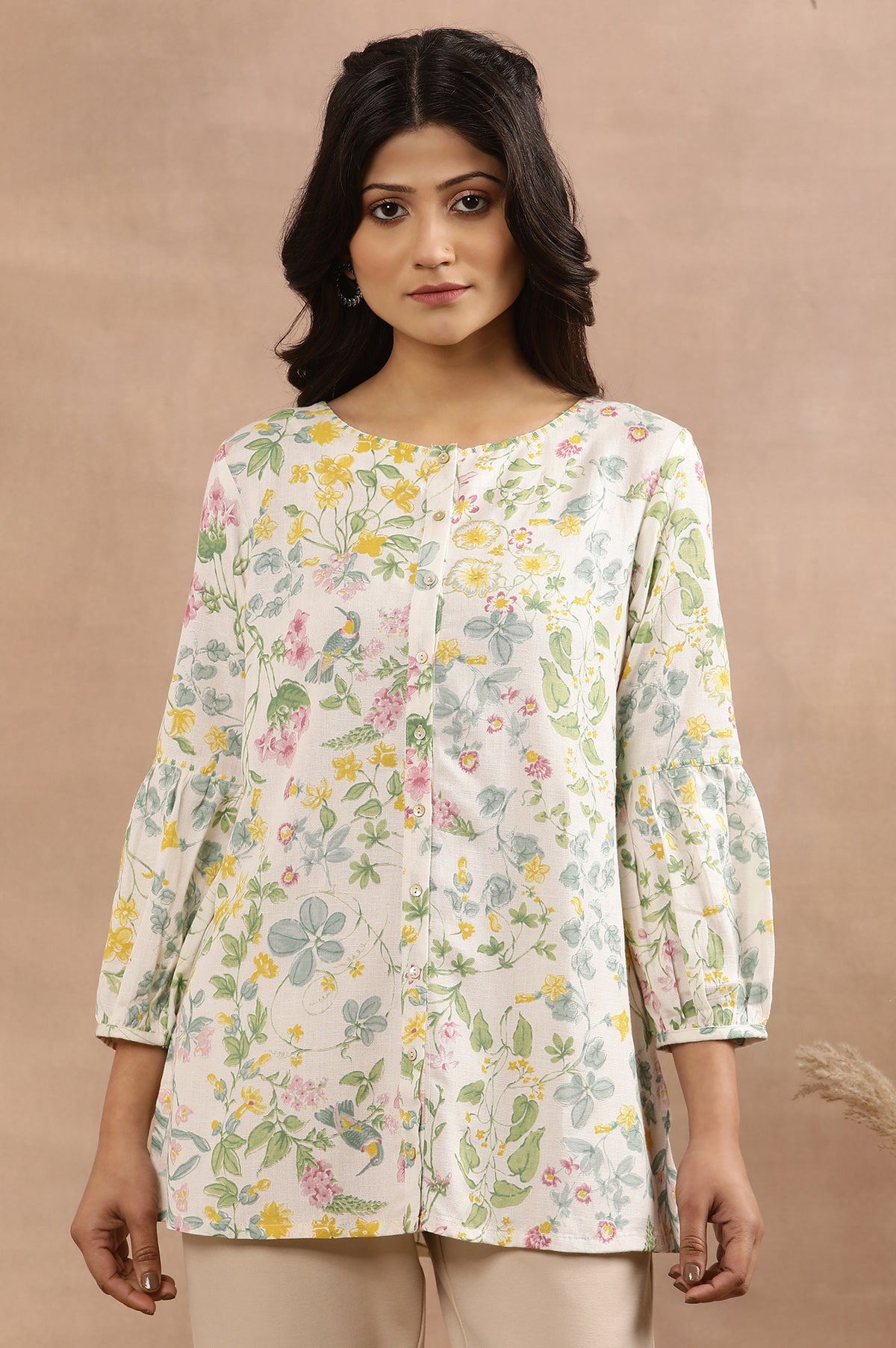 White Floral Printed Top With Embroidered Neck - XS