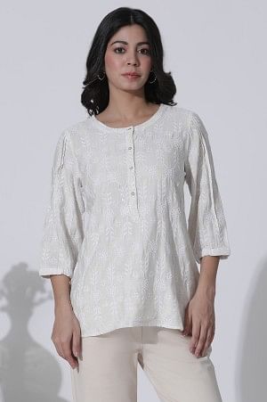 White Schiffli Top with Curved Hemline