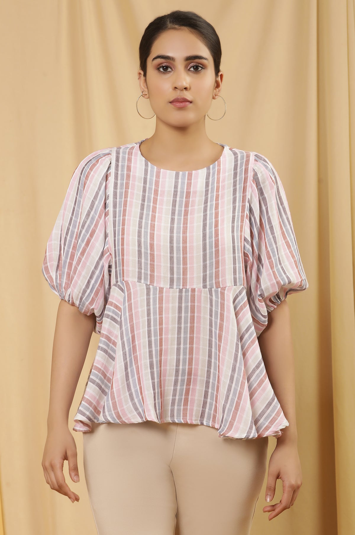 Multi-Coloured Yarn Dyed Peplum Top - XS