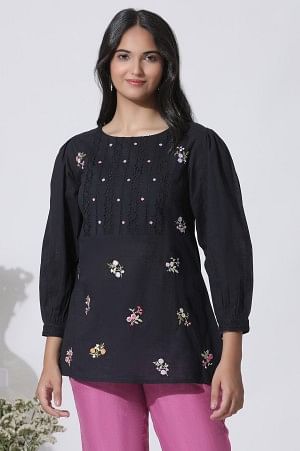 Black Embroidered Cotton Top With Schiffli Yoke - XS