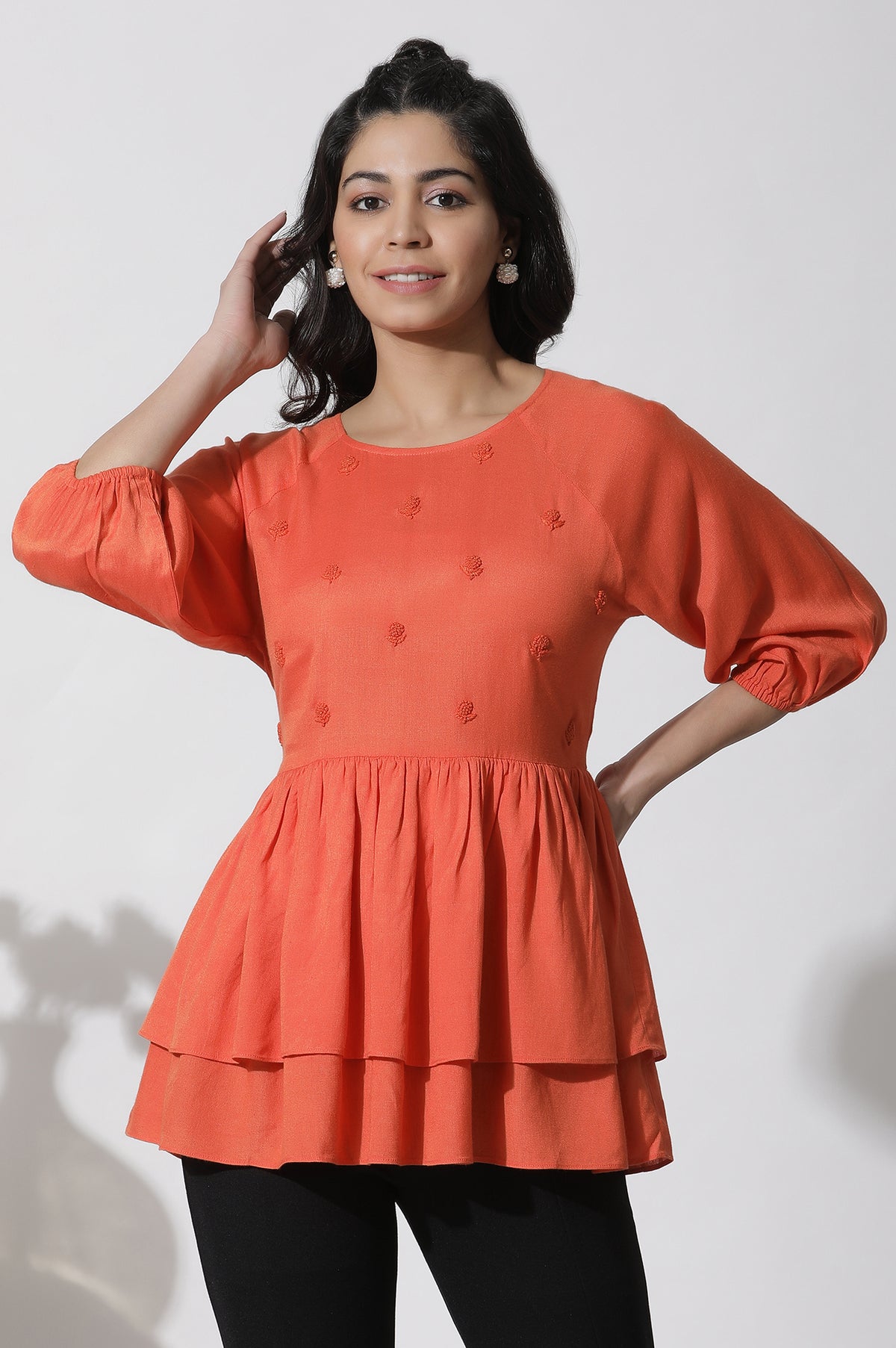 Orange Embroidered Peplum Top - XS