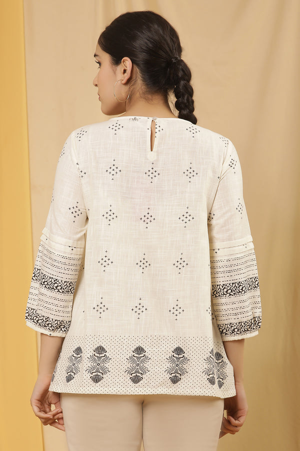 Off White Printed Top With Twisted Front Pleats